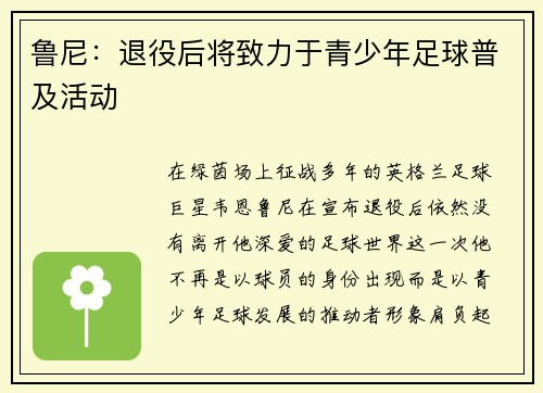 鲁尼:退役后将致力于青少年足球普及活动